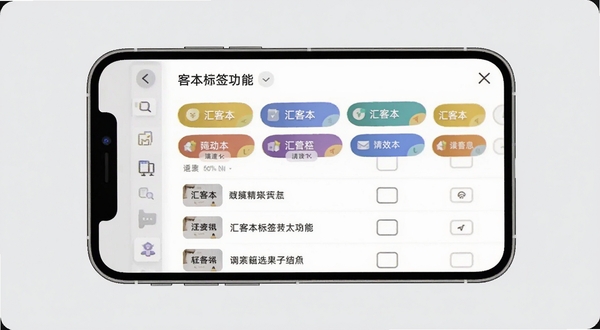 汇客本标签筛选功能展示图，画面主体位于手机屏幕中央，呈现多个彩色标签按钮和筛选结果列表，背景区域为浅灰色，突出分类管理的高效感
