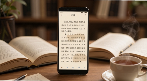 一款名为已阅的安卓手机阅读软件界面展示，画面中央是一部竖屏手机，屏幕上显示着整洁的电子书阅读页面，文字排版疏朗有致，背景为柔和的米黄色护眼底色，手机周围散落着几本翻开的纸质书和一杯冒热气的茶，整体色调温暖安静，光线柔和，突出阅读的沉浸感与舒适感，画面主体手机位于正中央，背景为虚化的书房环境