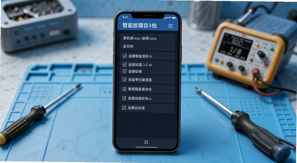 易机修软件智能故障自检界面，手机屏幕显示故障症状勾选列表，背景为浅蓝色科技感维修工作台，旁边放置螺丝刀和检测仪器