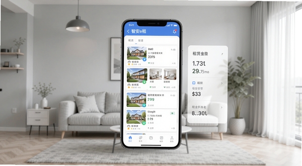智安e租软件主界面截图，画面中央展示手机屏幕内的房源列表与租金统计卡片，背景为浅灰色现代家居环境，柔和自然光，扁平化UI风格，突出租赁管理工具的简洁与专业感