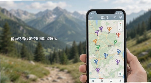 留游记离线足迹地图功能展示图，画面主体为手机屏幕显示带有多个足迹标记点的地图界面，标记点以不同颜色区分时间先后，背景为户外山野环境虚化效果，屏幕内可见留游记应用名称，整体色调柔和自然