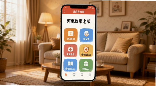 河南政务长者版应用主界面展示，画面中央为手机屏幕，屏幕内呈现大字体大图标的政务办事首页，包含社保查询、医保服务、养老金认证等醒目入口；背景为温馨的居家客厅场景，暖色调光线，突出适老化设计理念，整体风格简洁清晰，适合Boogu模型生成
