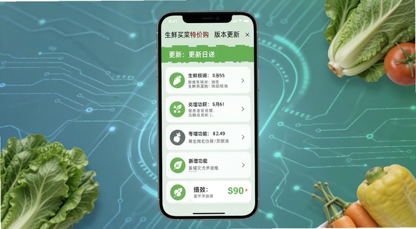 生鲜买菜特价购版本更新页面，手机屏幕显示更新日志列表与新增功能图标，背景为简约科技感线条与生鲜元素融合，适配Boogu模型生成