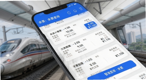 铁路高铁车票智查询 余票查询结果页，手机屏幕显示多趟高铁车次的余票数量与票价信息，背景为白色卡片式布局，搭配蓝色高亮按钮，风格现代简约