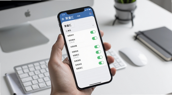 聚童汇商家端权限设置界面，手机屏幕显示角色列表与权限开关，背景为简洁灰白办公桌面，手持手机的特写视角，现代商务风格，画面中体现聚童汇商家端多角色协作概念