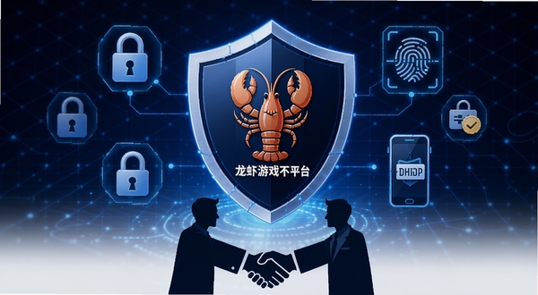 龙虾游戏交易平台安全交易流程图，画面以盾牌为中心，盾牌上印有龙虾游戏交易平台的标志，盾牌周围环绕着锁头、指纹识别、手机验证码等安全图标，背景为深蓝色科技网格，画面下方有买卖双方握手成交的剪影，整体传达安全可靠的视觉感受。