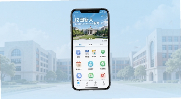 掌上新大 应用主界面全景展示图,画面中央为手机屏幕正视图,屏幕内呈现校园服务应用首页布局,顶部为校园风景横幅,中部为功能图标网格,背景为淡蓝色渐变虚化校园建筑轮廓,整体风格简洁清新,适配Boogu模型生成