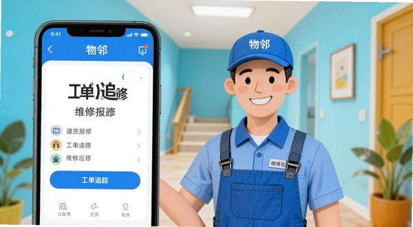 物邻 一键报修 工单追踪 手机界面 维修工人 微笑服务 社区楼道 明亮色调 扁平化科技感 物邻应用报修页面截图风格