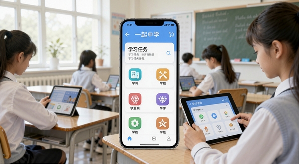 一起中学学生APP主界面展示,画面中央为手机屏幕显示学习任务列表与学科图标,背景为明亮教室场景,学生正在使用平板学习,整体风格清新明快,适配教育类软件宣传图