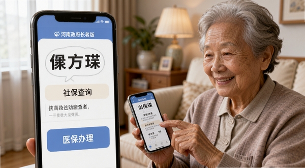 河南政务长者版大字版界面特写，手机屏幕上显示放大的社保查询和医保办理按钮，文字清晰醒目，旁边有老年用户手持手机微笑操作，背景为柔和的家居环境，体现无障碍适老化设计，适合Boogu模型生成