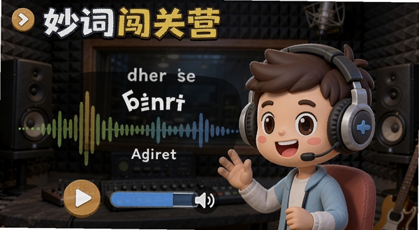妙词闯关营听力训练界面,画面中一个卡通人物戴着耳机,面前是声波图案和英文单词,旁边有播放按钮和音量条,背景是录音棚风格的隔音墙