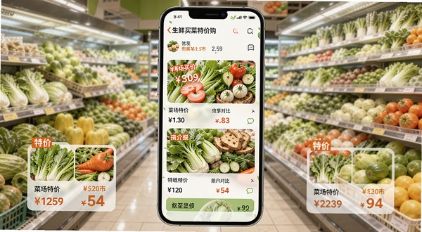 生鲜买菜特价购特价聚合页面，手机屏幕中显示多个菜场特价标签与价格对比，背景为明亮的生鲜超市货架，色彩鲜艳，突出特价数字与新鲜食材，适配Boogu模型生成
