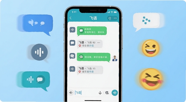飞语应用主界面展示,画面中央为飞语APP的聊天列表与输入框,背景为浅蓝色渐变,周围环绕着聊天气泡、语音图标和表情符号,整体风格清新简洁,突出即时通讯的便捷与安全,适配Boogu模型生成