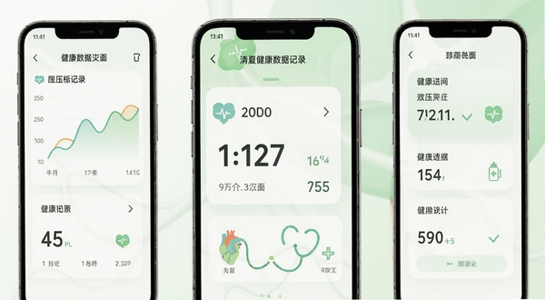 清夏健康数据记录界面,手机屏幕显示折线图与数据卡片,背景为白色与浅绿色搭配,画面中央突出血压记录模块,整体风格清新健康