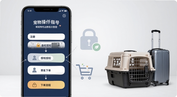 一喂宠物托运使用教程示意图,画面为手机屏幕分步展示注册、授权、下单流程,旁边配有宠物航空箱与行李箱,背景为简洁的浅灰色渐变,突出新手操作指引