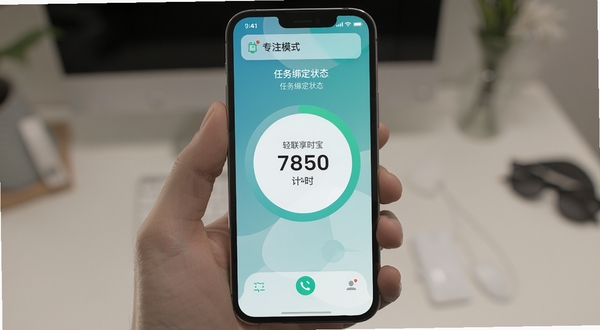 轻联享时宝 番茄钟计时界面 圆形进度条 任务绑定状态 手机通知提醒 专注模式 简约UI 蓝绿色调
