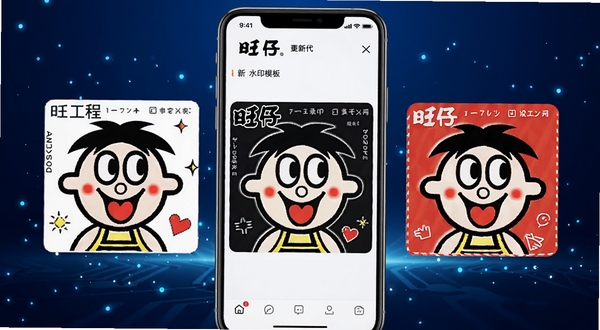 旺仔打卡相机最新版本功能展示图，画面为手机屏幕中显示更新后的水印模板选择界面，三套不同风格的工程记录水印模板依次排列，背景为科技感十足的深蓝色渐变，配有微光粒子效果，整体呈现版本迭代的新鲜感