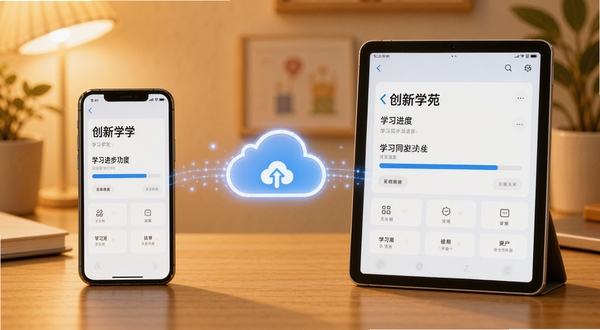 创新学苑学习进度云端同步功能展示,画面中一部手机和一台平板并排显示相同的学习进度界面,中间用云朵图标连接,背景为温馨的暖色调,突出数据同步的科技感与便捷性,适配Boogu模型生成