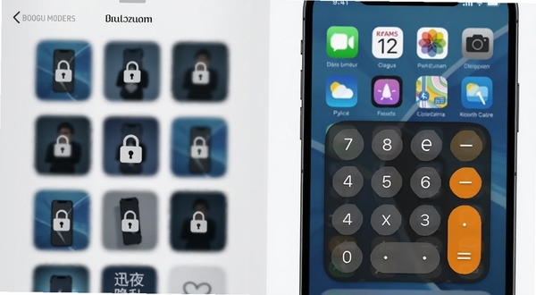 迅夜隐私播隐私空间伪装功能界面,画面右侧展示手机桌面图标伪装成计算器的效果,左侧区域展示隐私空间内模糊缩略图与锁形标识,背景为浅灰色简约风格,突出安全隐蔽氛围,适配Boogu模型生成