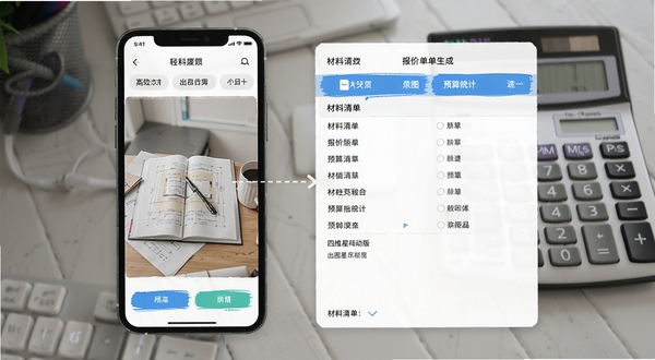 四维星移动版出图与报价单生成界面图，画面展示手机屏幕中效果图与材料清单并排显示，背景为办公桌面与计算器，突出高效出图与预算统计能力