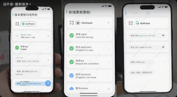 话外音最新版本更新界面截图，手机屏幕中显示版本更新日志列表，背景为简洁的白色卡片式设计，突出新增和优化条目