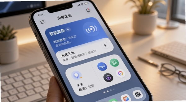 未来之光智能场景助手功能界面特写，画面主体为手机屏幕显示未来之光App的智能推荐卡片与桌面小组件，背景为现代简约办公桌面环境，暖色调柔光照射，细节呈现卡片圆角设计与图标精致质感，体现未来之光便捷高效的产品理念