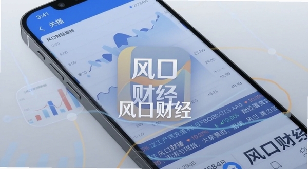 手机屏幕显示风口财经应用主界面，背景是简洁的财经数据图表和滚动新闻列表，画面中央是应用图标和“风口财经”字样，整体风格现代商务，蓝色调为主，适配Boogu模型生成