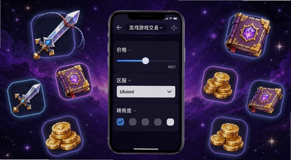 龙虾游戏交易平台智能筛选功能展示图，画面展示一部智能手机，屏幕上显示筛选条件面板，包含价格滑块、区服下拉菜单和稀有度勾选项。手机周围漂浮着各种游戏道具图标，如宝剑、魔法书、金币堆，背景为深紫色星空，突出科技感与游戏氛围，画面整体明亮清晰。