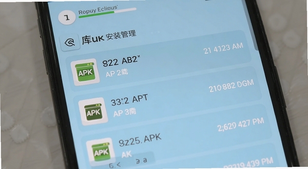 库库安装包管理页面，手机屏幕显示已下载的APK文件列表，每个条目带有文件大小和下载时间，背景为淡蓝色，画面一角有存储空间进度条，整体干净利落