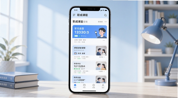职成课堂手机端首页课程列表与学习进度卡片展示，画面中央为竖屏手机界面，背景为浅蓝色渐变书房环境，柔和光线，扁平化UI风格