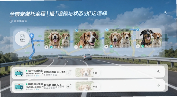 一喂宠物托运轨迹追踪页面,手机屏幕显示地图路线与宠物在途照片缩略图,画面下方为推送通知列表,背景为高速公路与蓝天白云,突出全程轨迹追踪与状态推送功能