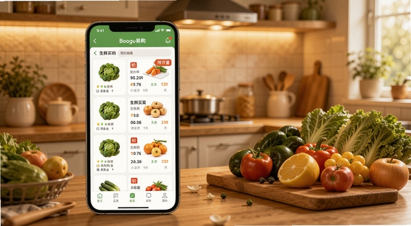 生鲜买菜特价购应用界面全景展示，画面中央为手机屏幕显示生鲜商品列表与特价标签，背景区域为温馨家庭厨房场景，暖色调光线，突出新鲜蔬菜水果的色泽质感，整体风格清新生活化，适配Boogu模型生成