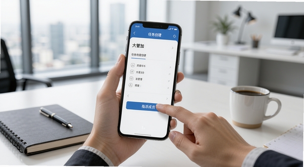 大管加移动端操作指引示意图,画面为一只手拿着手机,屏幕上显示大管加的任务创建页面,手指正点击“指派成员”按钮,背景为简洁的现代办公室环境,桌面上有笔记本和咖啡杯,画面风格写实明亮,突出操作便捷感,适配Boogu模型生成