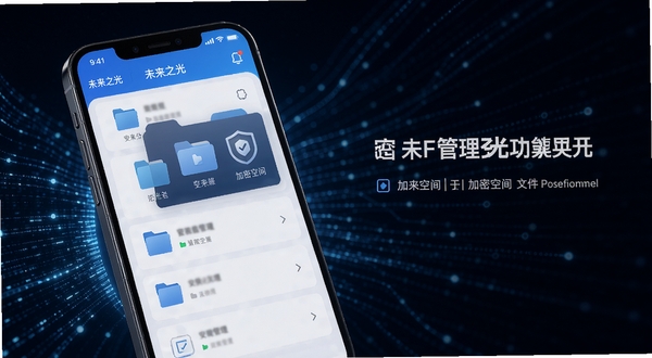 未来之光文件管理功能界面展示，画面主体为手机屏幕中未来之光App的文件分类视图与加密空间入口，背景为深色科技感数据流线条，冷色调光影衬托界面清晰层级，突出未来之光在文件安全管理方面的专业与可靠