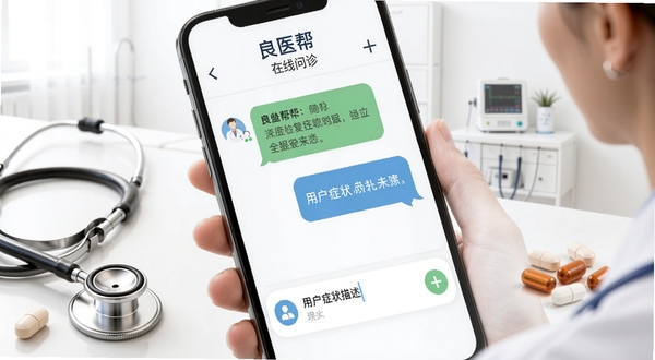 良医帮在线问诊界面，手机屏幕特写展示医生回复消息气泡与用户症状描述输入框，画面中有听诊器与药丸等医疗元素点缀，背景为干净的白色诊室环境，突出良医帮问诊功能，适配Boogu模型生成