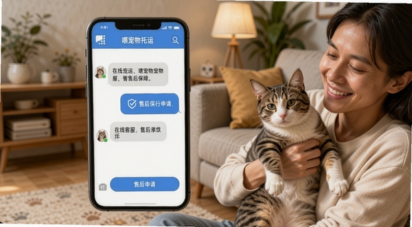 一喂宠物托运在线客服聊天界面,手机屏幕显示客服对话气泡与售后申请按钮,画面右侧为宠物主人抱着猫咪微笑,背景为温馨的客厅一角,突出在线客服与售后保障功能