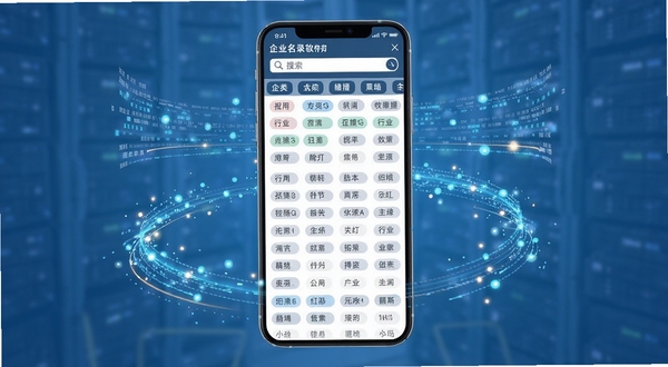 企业名录软件主界面展示海量企业数据列表,手机屏幕中显示分类清晰的行业标签和搜索框,背景为简洁的商务蓝色调,画面中心为手机界面特写,四周环绕数据流动的光效元素