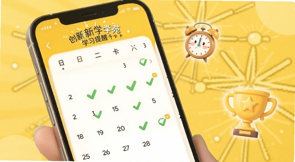 创新学苑学习提醒与打卡日历界面,画面展示手机屏幕上的打卡日历,部分日期标注了完成标记,旁边有闹钟和奖杯图标点缀,背景为明亮的黄色调,传递积极向上的学习氛围,适配Boogu模型生成