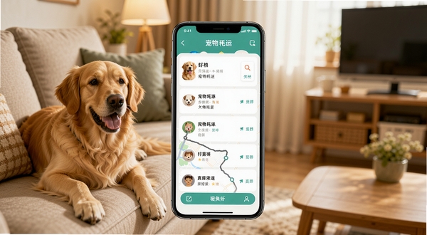 一喂宠物托运软件主界面展示,画面中央为手机屏幕显示宠物托运订单列表与地图轨迹,背景为温馨的居家客厅环境,一只金毛犬趴在沙发旁,整体色调温暖明亮,突出宠物托运服务核心功能