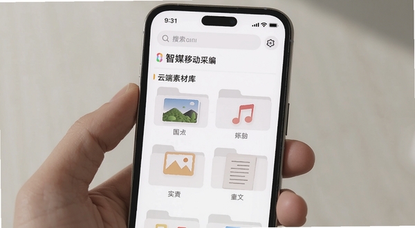 智媒移动采编 云端素材库界面 手机屏幕展示按月份归档的素材文件夹 包含图片 音频 文稿等分类图标 顶部有搜索框 界面采用浅色极简设计 适配Boogu模型生成