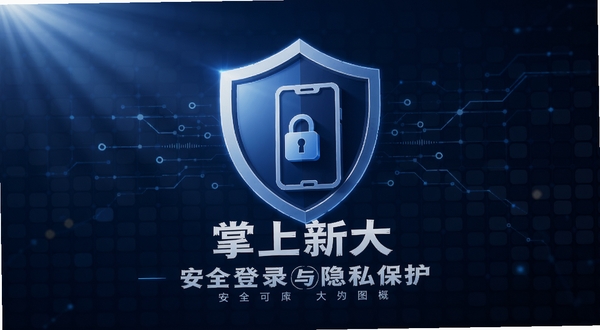 掌上新大 安全登录与隐私保护概念图,画面中央为盾牌与手机结合的图标,背景为深蓝色科技感网格纹理,光线从左上角照射,突出安全可靠氛围