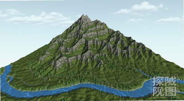 探险者地图三维地形渲染效果图，画面主体为一座立体山脉模型，山体表面覆盖绿色植被与灰色岩石纹理，山脚下有蓝色河流蜿蜒，背景是淡蓝色天空与白云，右下角有探险者地图半透明水印标识，整体呈现逼真的地理信息可视化风格