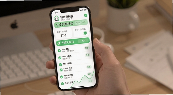 轻联享时宝 习惯打卡日历界面 连续天数标记 每日任务列表 手机竖屏展示 清新绿色点缀 打卡完成状态
