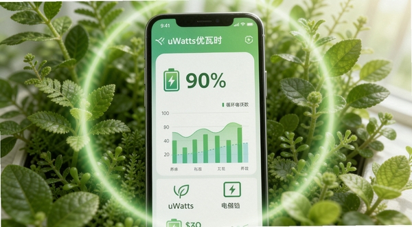 uWatts优瓦时电池健康度评估页面,画面展示手机屏幕中电池健康百分比与充放电循环次数图表,周围环绕绿色植物与柔和光晕,象征电池养护与环保节能理念,整体色调清新自然