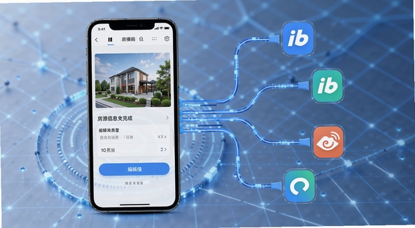 便捷房源信息发布系统多平台同步功能展示图,画面左侧为手机屏幕显示房源编辑完成界面,右侧延伸出多条数据线连接至不同平台图标,背景为科技感浅色网格,整体风格简洁商务