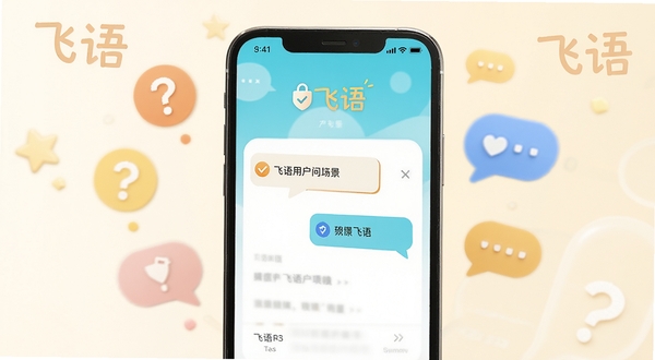 飞语用户问答场景,画面展示手机屏幕上的飞语问答界面,周围有问号图标和对话气泡,背景为柔和米色,突出安全与可靠,软件名称飞语以温暖色调呈现