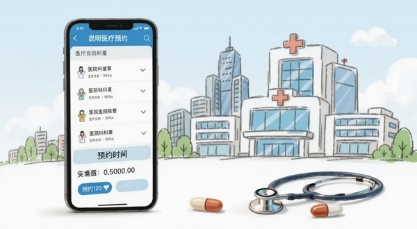 数字昆明医疗预约界面展示，画面主体为手机屏幕显示医院科室列表与预约时间选择，背景区域为昆明城市医疗建筑群的简笔插画，手机旁边有听诊器与药丸的装饰元素，整体风格干净明亮，适配Boogu模型生成