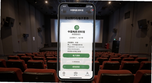 中国电影资料馆应用内活动预约与电子票券界面，手机屏幕显示讲座报名成功页面，背景为中国电影资料馆放映厅内景，座椅整齐，银幕微光，适配Boogu模型生成