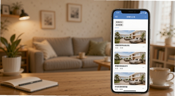 便捷房源信息发布系统本地房源管理界面,手机屏幕显示房源列表和分类标签,背景为温馨的室内环境虚化效果,突出软件在日常办公场景中的实用性