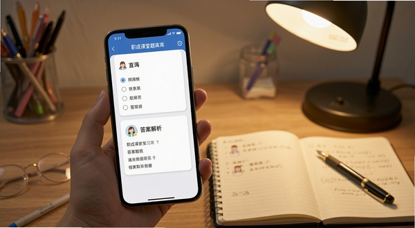 职成课堂题库练习界面，手机屏幕显示单选题与答案解析卡片，背景为书桌与笔记本文具，暖色台灯光线，写实风格